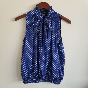 Silk blue and white polka dot tank top with tie